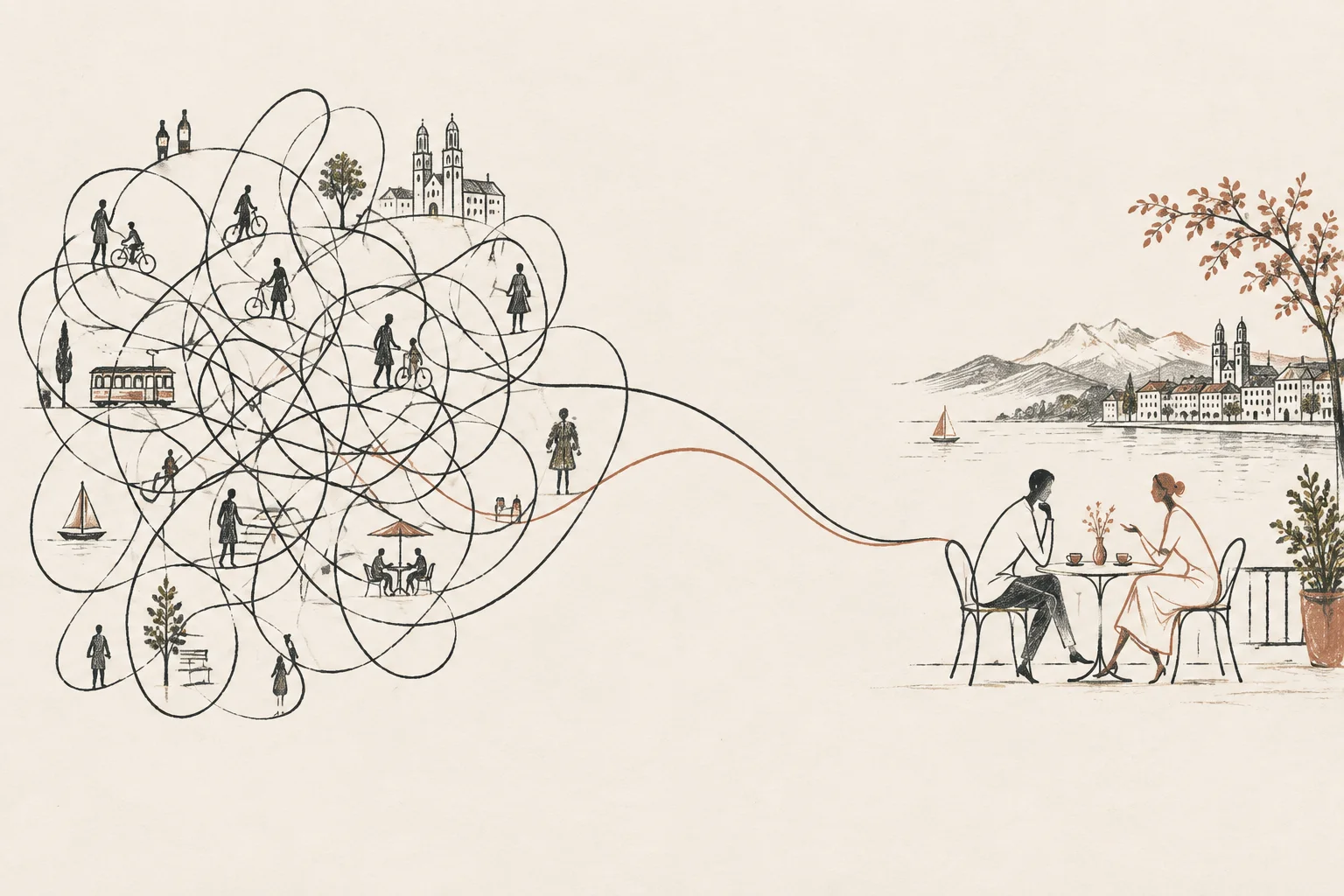 An intricate tangle of paths opens into two lines connecting people in conversation at a café table