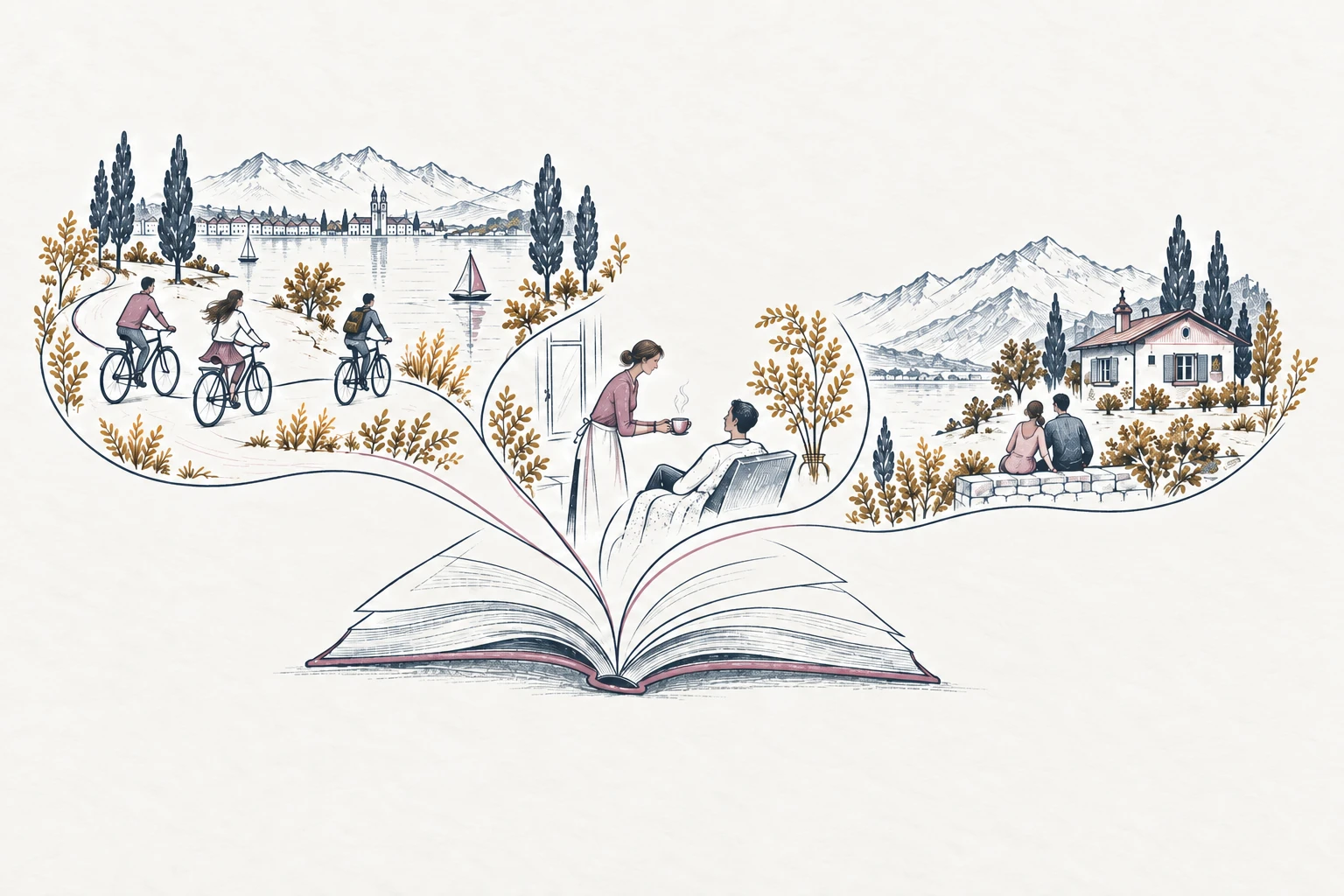 An open book unfolds into three stories of joy, care, and shared dreams, illustrated in slate blue, dusty mauve, and soft gold